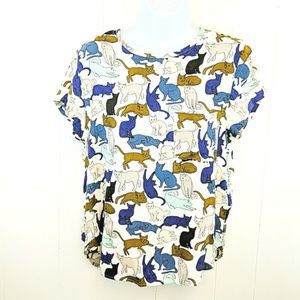 H&M Cat Crew Neck Short Sleeve Blouse Size 10